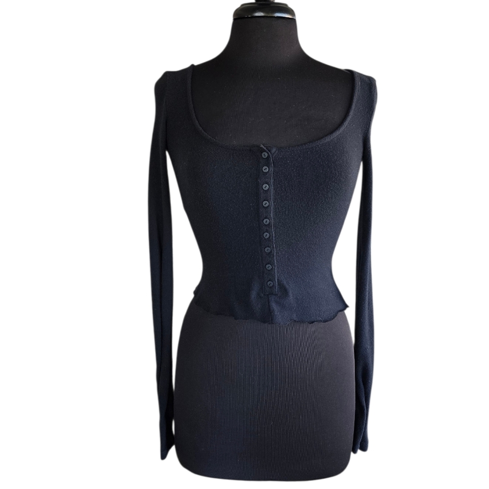 Urban Outfitters Out From Under Bella Henley Cropped Black  Women's Top